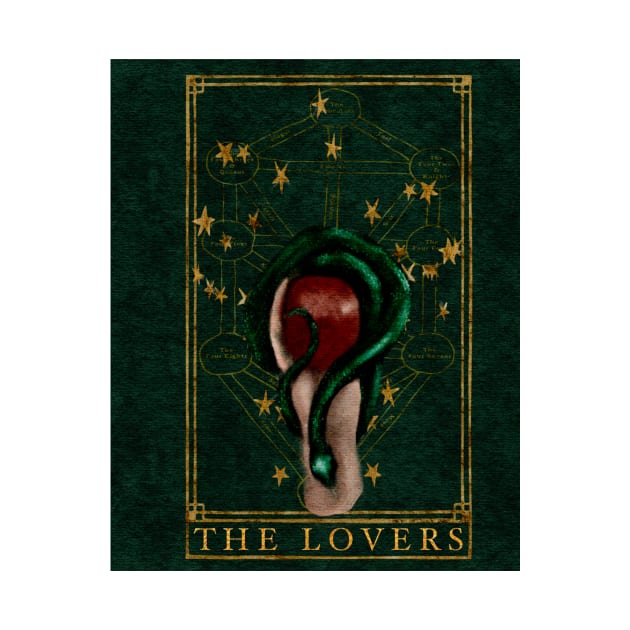 The Lovers Tarot Card Dark Green Snake Gemini Constellations Gold Foil by penandbea