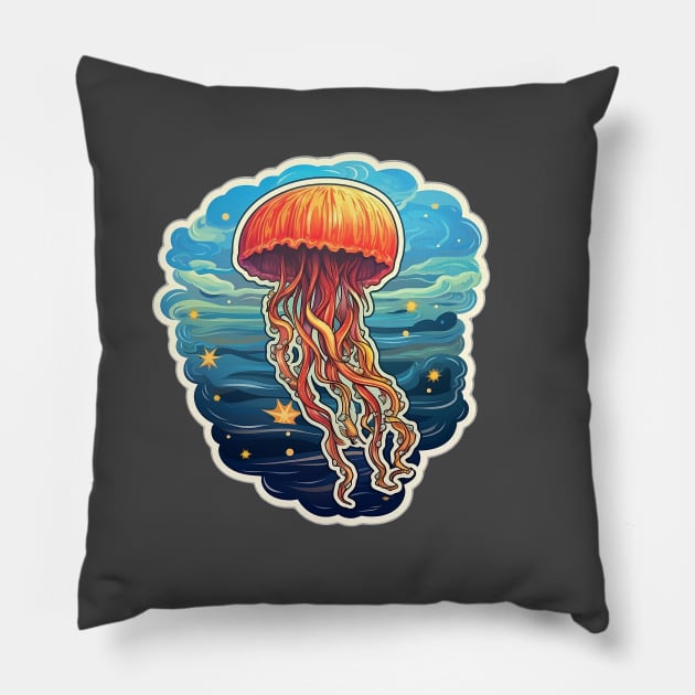 Orange sticker jellyfish artwork Pillow by Unelmoija