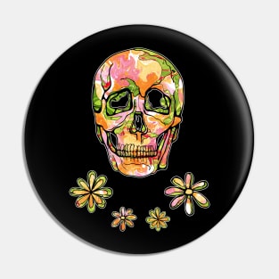 Floral skull with hippie 70s flowers Pin