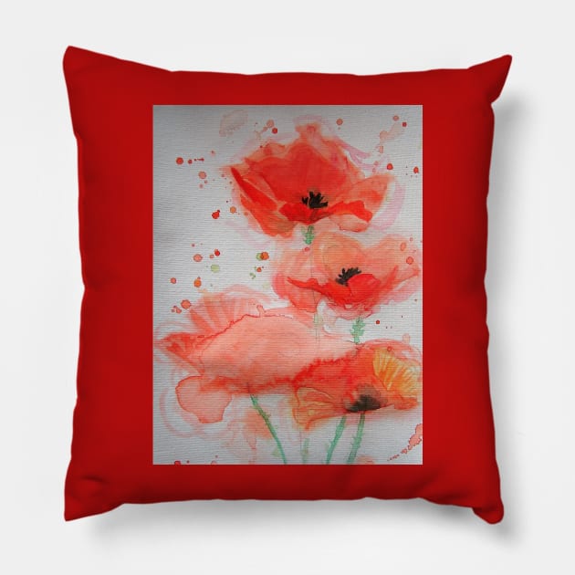 Red Poppy Watercolor Painting Pillow by SarahRajkotwala