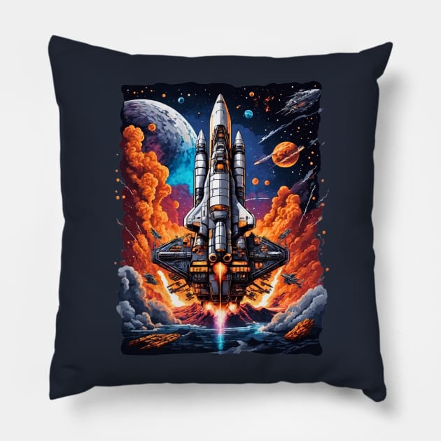 Launching Space battleship, space ship adventures retro vintage design Pillow by Neon City Bazaar