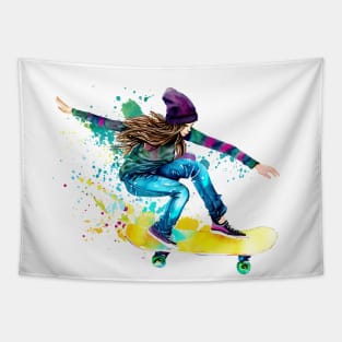 Skateboarder Watercolor Skate Skater Girl Skating Boarder Tapestry