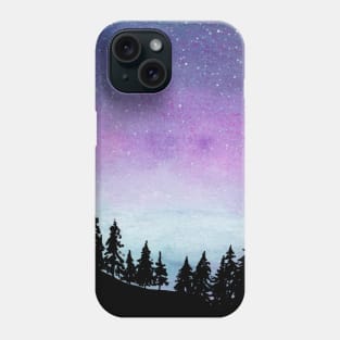 Purple and Blue Galaxy Sky - Watercolour Landscape with Tree Silhouette Phone Case