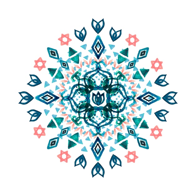 Watercolor Lotus Mandala in Teal & Salmon Pink by micklyn