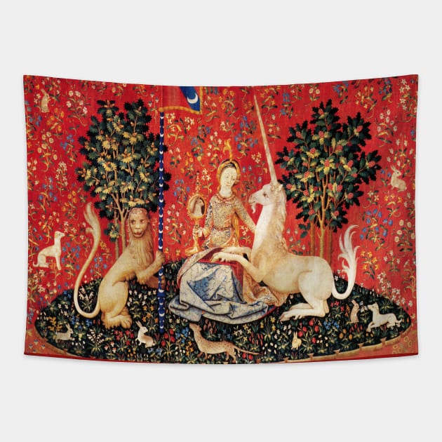 LADY AND UNICORN ,SIGHT  Red Green Fantasy Flowers,Animals Tapestry by BulganLumini