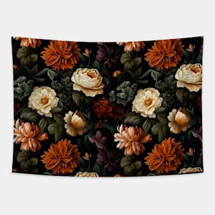 Dutch Nocturne: Luminous Floral Pastoral on Black Canvas Tapestry