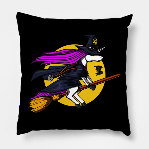 Unicorn Witch Riding Broom Pillow by underheaven