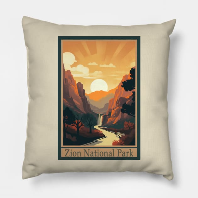 Zion National Park Vintage Travel Poster Pillow by GreenMary Design