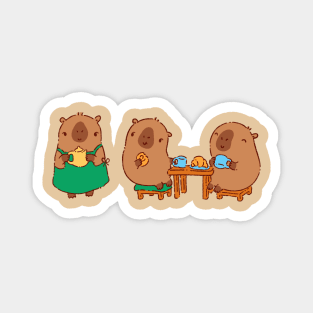 Capybaras in a cafe drinking coffee and eating Magnet