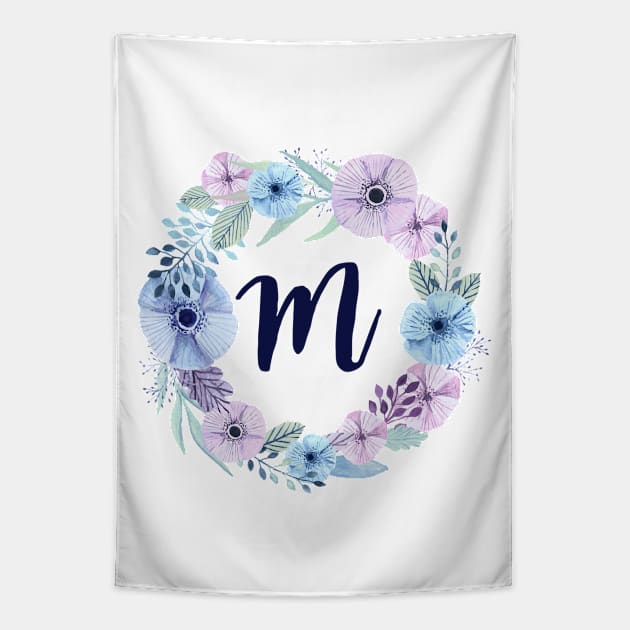 Floral Monogram M Icy Winter Blossoms Tapestry by floralmonogram