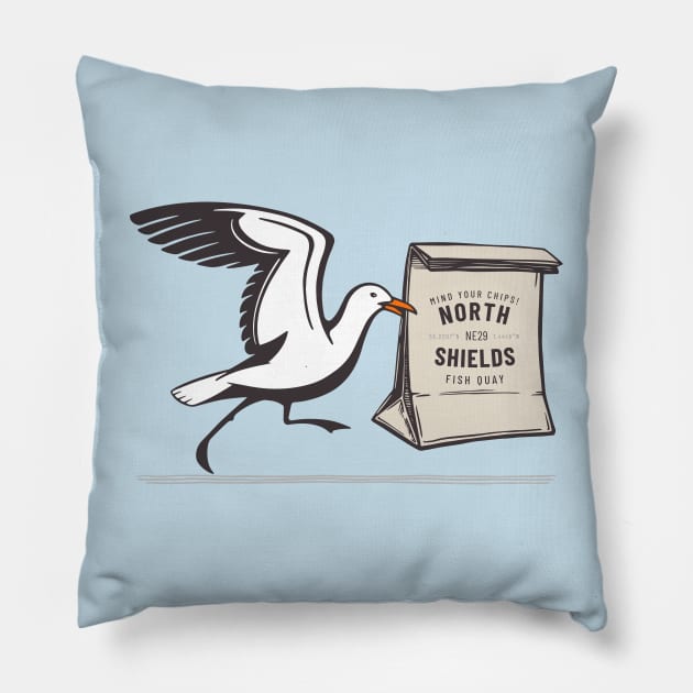 Mind Your Chips! North Shields Seagull Design Pillow by NORTHERNDAYS