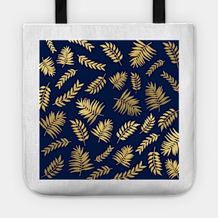 Abstract Leaves Pattern In Gold Foil Texture and Royal Blue Background Tote