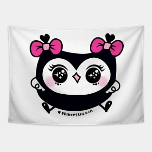 cute kawaii owl with pink ribbon and big bing bing eyes Tapestry