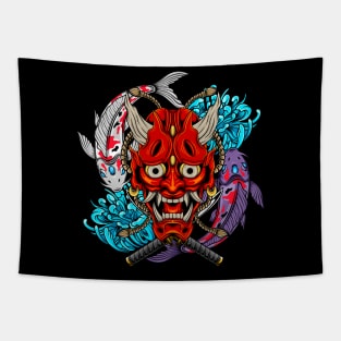 Oni Skull and Koi Fish 1.2 Tapestry