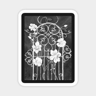 Clematis Flower and Vine on Wrought Iron Trellis, Black and White Magnet