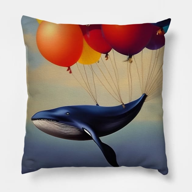 Big Blue Whale and air balloons Pillow by rolffimages