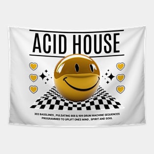 ACID HOUSE  - 3D Smiley Checkered Floor (Black) Tapestry