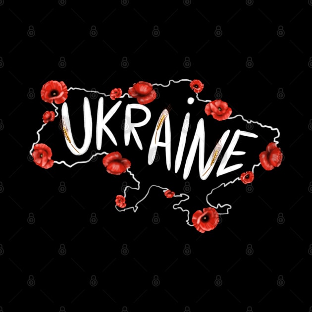 Map of Ukraine with red poppies and  text in English Ukraine. by Olena Tyshchenko