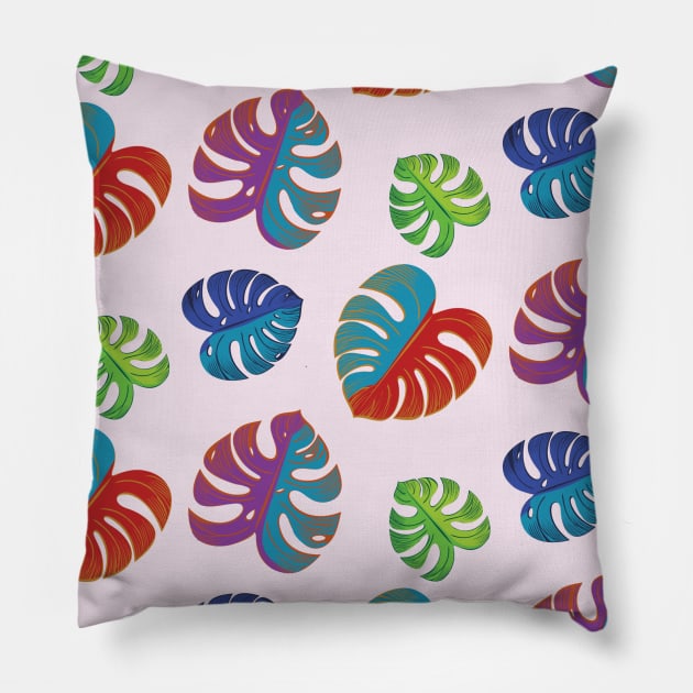 Red and blue Monstera leaves Pillow by AnnArtshock