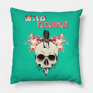 Wild Flower ( A Skull With A Knife In It And Flowers Behind ) Pillow