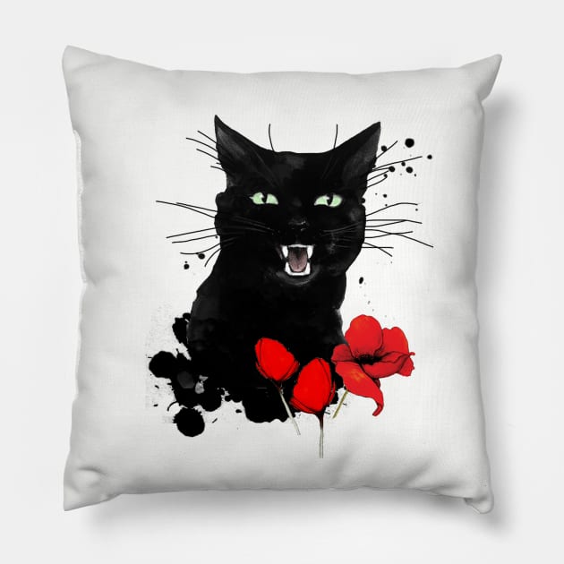Black Cat Red Poppy Pillow by TatianaBS