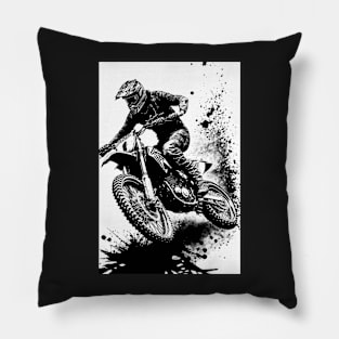 Dirt bike mid air - splashed ink - white background Pillow