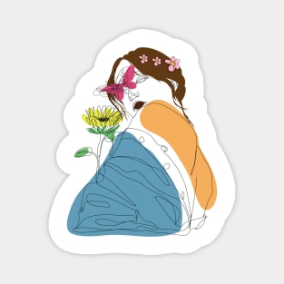 Girl With Colorful Flowers And Butterfly |  Positivity Magnet