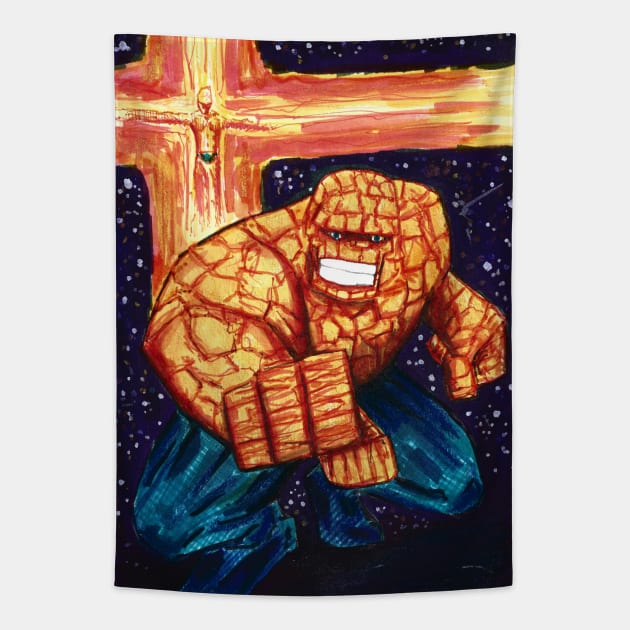 marvel one in two, the thing and human torch Tapestry by jorge_lebeau