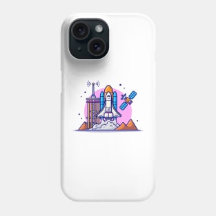 Space Shuttle Taking Off with Tower, Satellite and Mountain Cartoon Vector Icon Illustration Phone Case