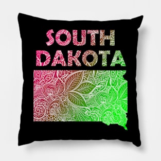 Colorful mandala art map of South Dakota with text in pink and green Pillow