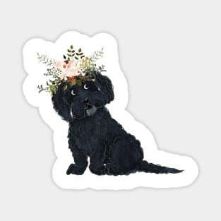 Black Dog with Flowers Magnet