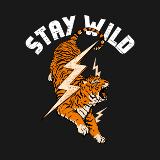 Stay Wild Tiger Cool Tiger & Lightning Bolt Retro Distressed T-Shirt