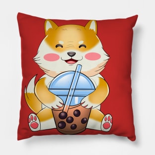 Shiba Inu Drinking Bubble Tea, funny Japanese Sticker Pillow