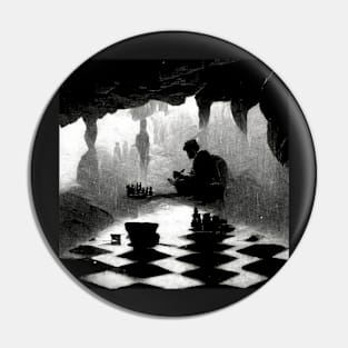 A man playing chess in cave on a rainy day Pin