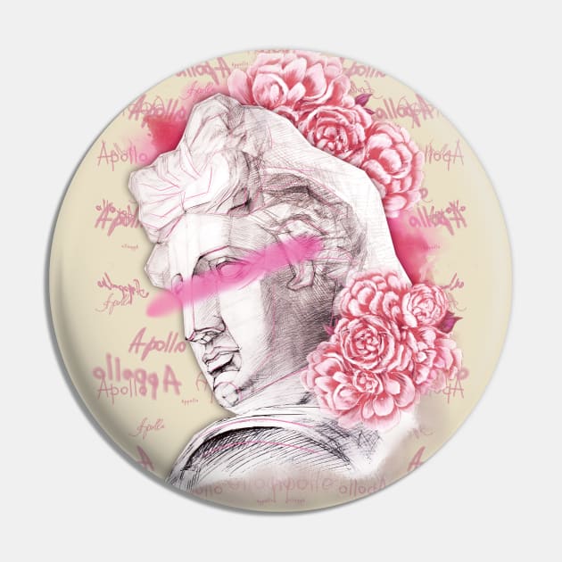 Apollo head statue with a pink peony flowers and buds on a black background. Pin by Olena Tyshchenko