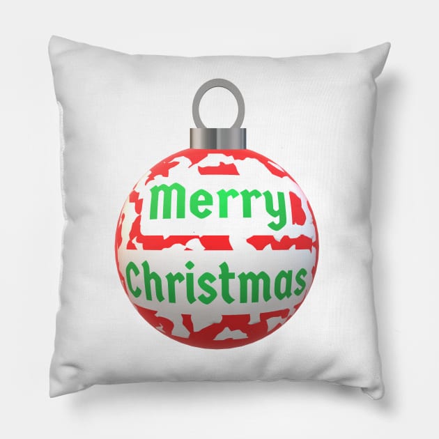 Christmas Tree Ornament with Merry Christmas, Abstract Red and White Peppermint Candy Cane Pattern, and Green Letters Pillow by Art By LM Designs 