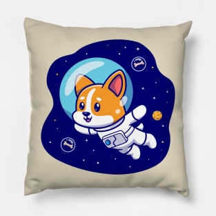 Cute Corgi Dog Astronaut Floating In Space Cartoon Pillow