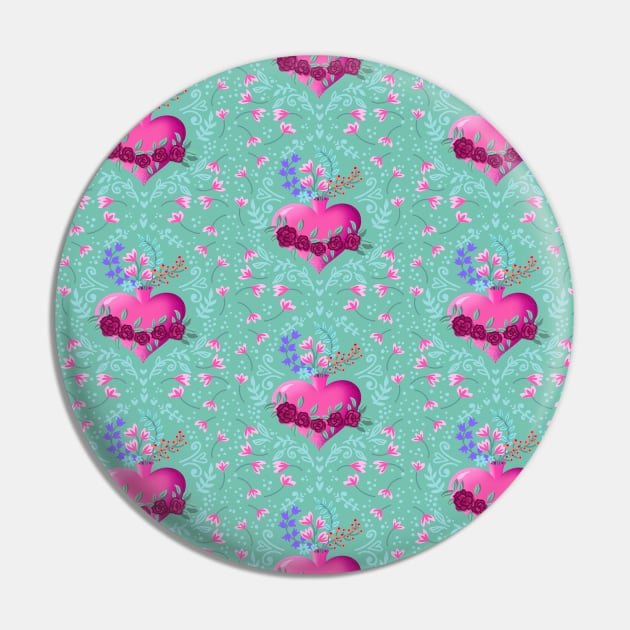 blooming heart on mint pattern Pin by Lamalou Design