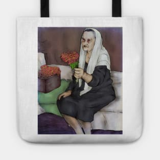 An elderly woman with a bouquet of flowers Tote