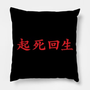 Red Kishi Kaisei (Japanese for Wake from Death and Return to Life in distressed red horizontal kanji writing Pillow