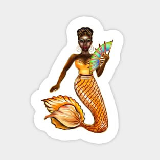 mermaid with gold scales and fan, tiara, necklace,brown eyes curly Afro hair and dark brown skin. Black mermaid Magnet