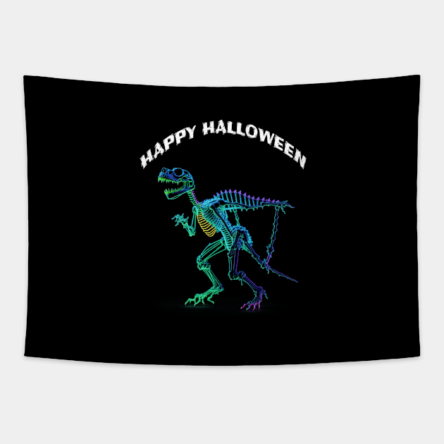 A Colorful Holographic  Dinosaur Skeleton in halloween Tapestry by halazidan