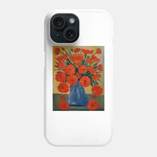 vintage look painting of poppies in A blue vase. Phone Case