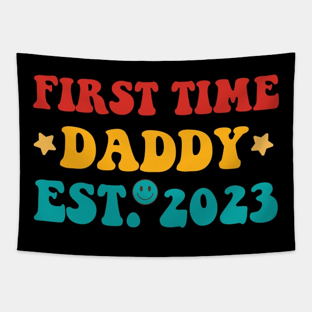 First Time Dad 2023 Promoted Fathers Day Gift Funny Vintage Groovy Hippie Face Tapestry by zyononzy