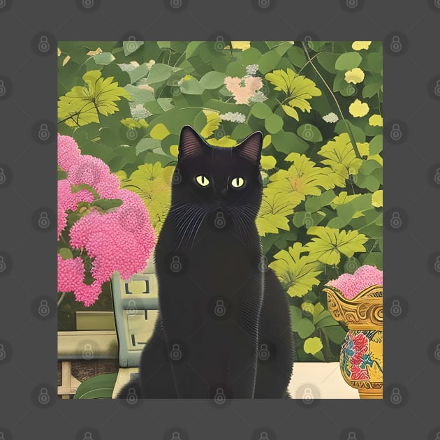 Black Cat in a Japanese Garden by RoxanneG