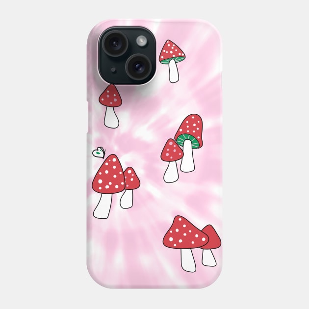 Aesthetic Red Hatted Mushrooms and Butterflies on a Pink Pastel Tie Dye Background Phone Case by YourGoods