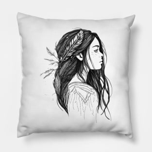 The Girl With Feathers Black And White Drawing Pillow