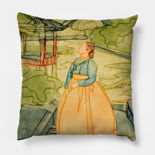 Korean hanbok girl and the pavilion Pillow