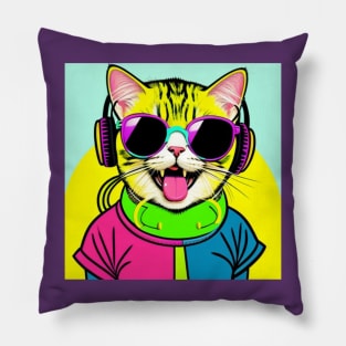 Laughing Retro Cat With Headphones Pillow