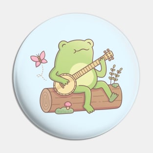 Cute Frog Playing Banjo On Wooden Log Pin